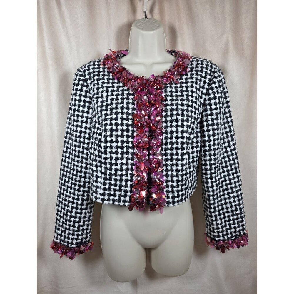 *Rare* Carolina Herrera - Black & White Tweed Cropped Jacket w/ Sequin Trim